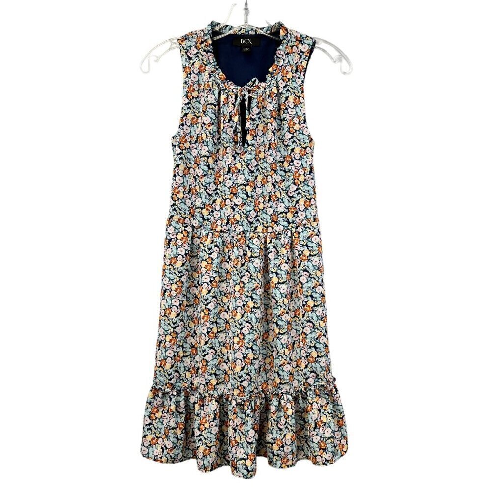 BCX Women’s Sleeveless Ruffle Tie Keyhole Neck Floral A-Line Dress Above Knee XS